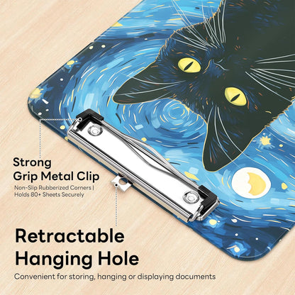 Plastic Cute Clipboard Low-Profile Metal Clip, A4 Letter Size 9 x 12.5 in, 8.5 x 11 Paper Clip Board for Teachers, Nurses, Classroom,Cute Black Cats