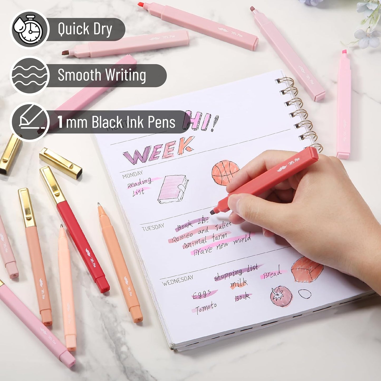 Mr. Pen- Aesthetic Highlighters and Ballpoint Pens No Bleed, 12 Pack, Pastel Colors, Bible Highlighters and Pens No Bleed, Fast Dry and No Smear for Bible Journaling, Planner, School Supplies