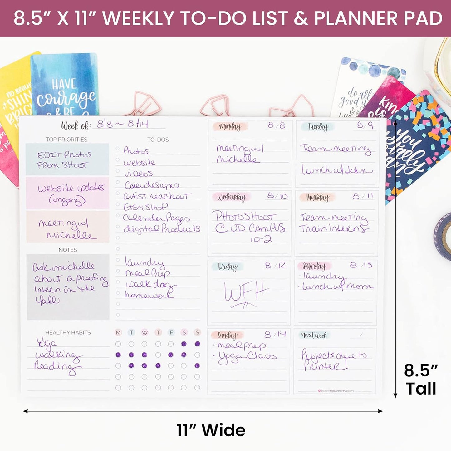 bloom daily planners Horizontal Weekly Tear-Off To Do List Planning Pad - Undated Notepad Organizer & Healthy Habit Tracker - 8.5” x 11” - Floral