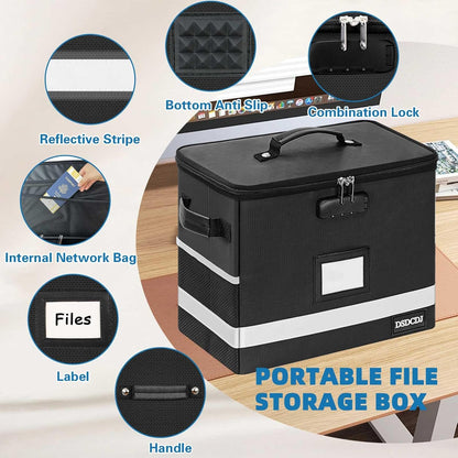File Box with Lock - Portable File Organizer Box with Handle, Sturdy Important Document Organizer with Label, Slide, Reflective Strip for Hanging Letter/Legal Folder
