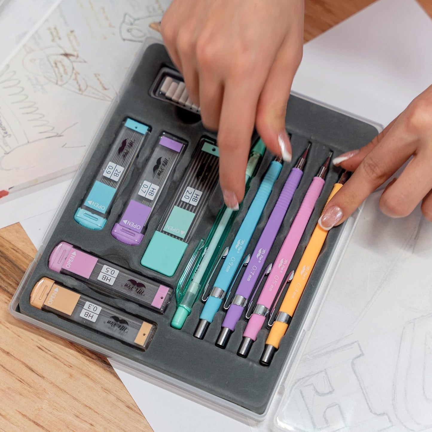 Mr. Pen- Art Mechanical Pencil Set, 5 Vintage Mechanical Pencils (0.3, 0.5, 0.7, 0.9, 2.0mm), 5 HB Lead Refills & 10 Eraser Refills, Precision Drawing Pencils for Sketching, Writing & Artwork