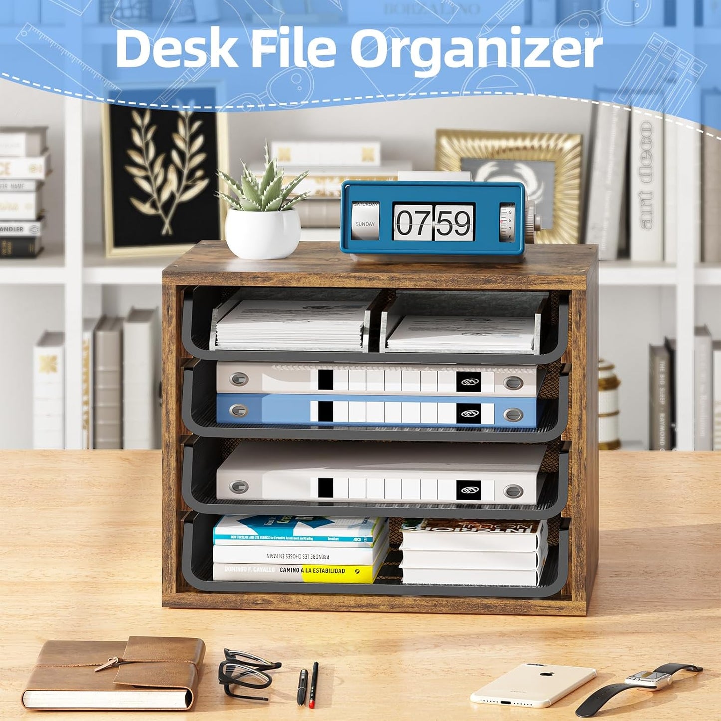 Simple Trending Desk File Organizers, 4-Tier Letter Tray Paper Organizer with File Holder, Wooden Paper Sorter for Office Supplies, White