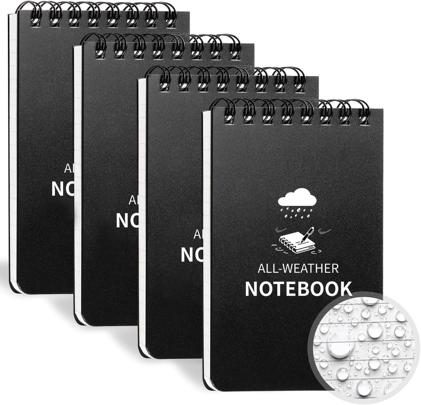 Waterproof Notebook, 4 Pack Pocket Notepad, 3" x 5" Top-Spiral Weatherproof NotePad, All Weather Police Pocket Notebook Mini Memo Steno Note Pads for Outdoor Office School Recording, Black