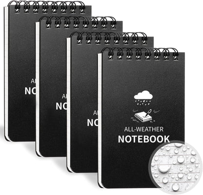 Waterproof Notebook, 4 Pack Pocket Notepad, 3" x 5" Top-Spiral Weatherproof NotePad, All Weather Police Pocket Notebook Mini Memo Steno Note Pads for Outdoor Office School Recording, Black