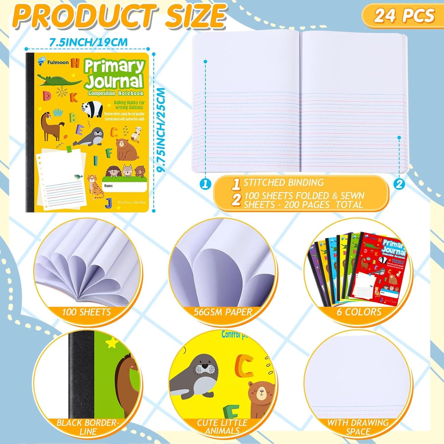 Fulmoon 24 Pcs Primary Composition Notebook K-2 with Picture Space Primary Journal Grades K-2 Draw and Write Journal Composition Book for Preschool Classroom, 80 Sheet (Blue)