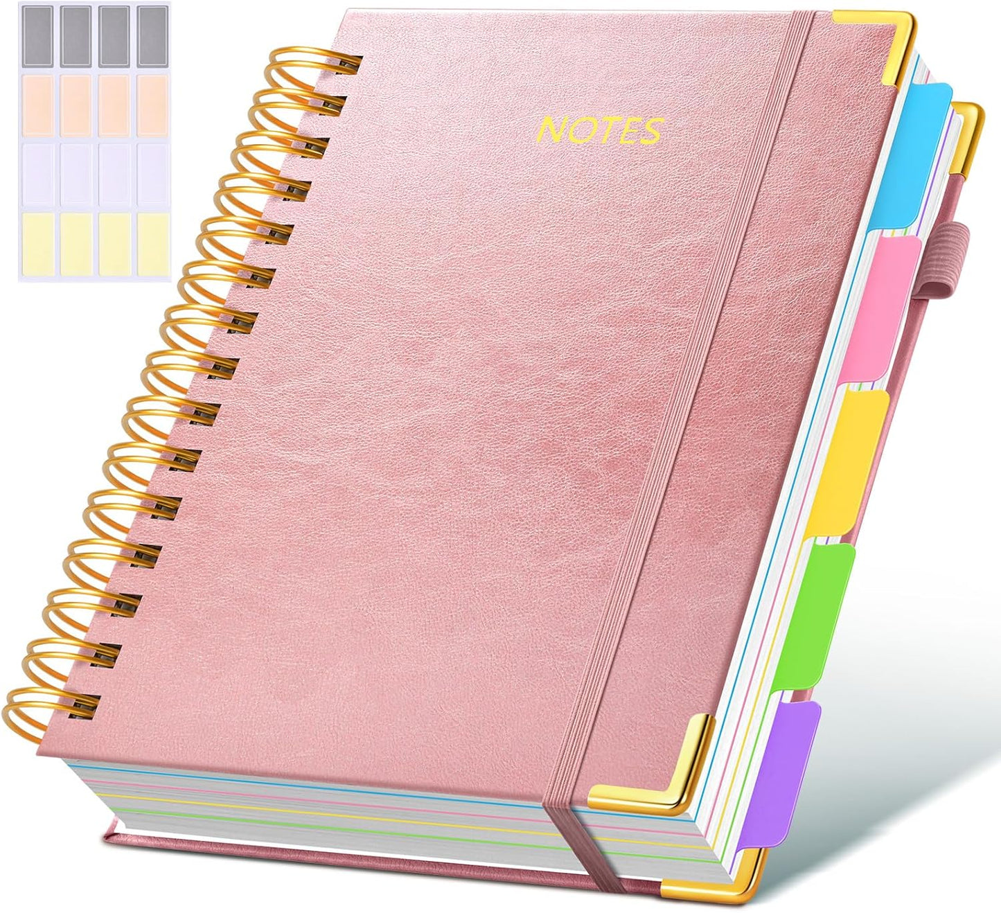 Hardcover Spiral Notebook Journal with Removable Dividers Tabs, 300 Pages Leather 5 Subject Notebook College Ruled, 8"x10" Large B5 Notebooks for Work School Note taking, Lined Journal for Women, Pink
