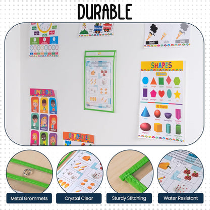 Essex Wares - 6 Pack, Assorted, Dry Erase Pocket Document Protectors, 10" Wide x 13.5" Tall- Dry Erase Clear Plastic Sleeves - Reusable & Easy Erase Plastic Invoice Holders, Water-Resistant & Durable