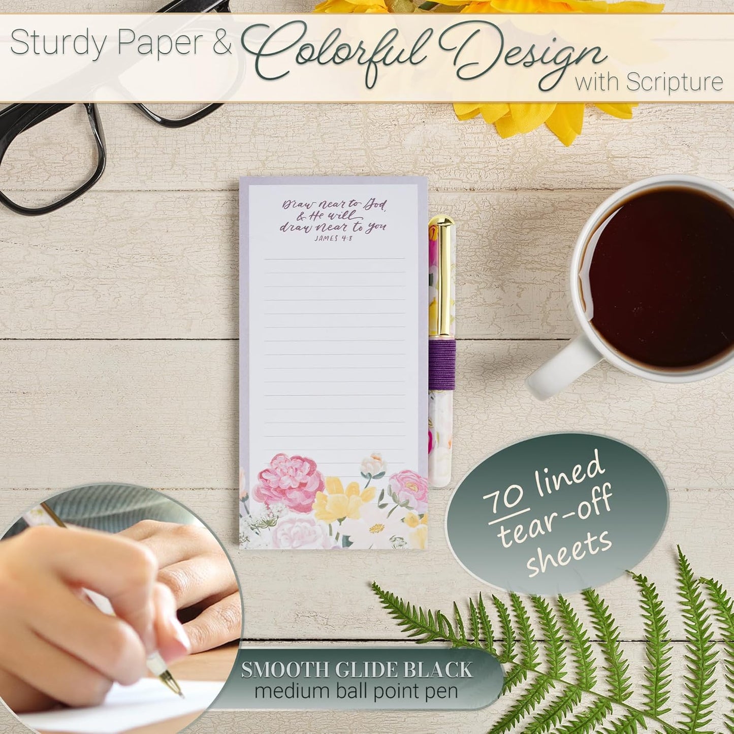 Christian Art Gifts Compact Magnetic Notepad & Medium Ballpoint Pen Set: Trust in the Lord Inspirational Scripture, Shopping Lists, Memos, Reminders, 70 Lined Easy Tear-off Sheets, Purple/Teal Floral