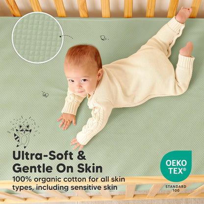 2-Pack Waterproof Crib Mattress Protector Cover Fitted - Quiet Baby Crib Mattress Pad Sheets, 52" x 28" Soft Quilted Cotton Baby Sheet, Machine Washable, Easy Fit, Durable (Soft White/Mavy)