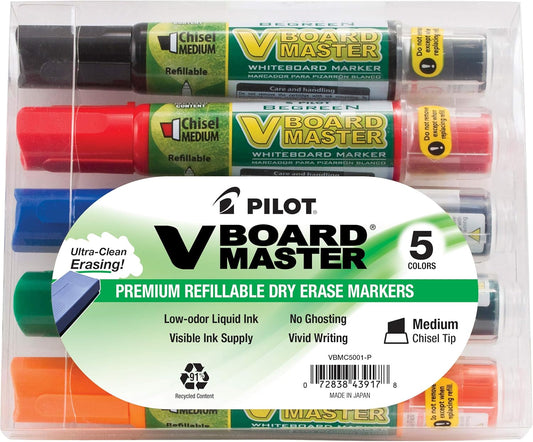PILOT V Board Master Refillable Dry-Erase Markers, Medium Chisel Tip, Assorted Color Inks, 5 Count