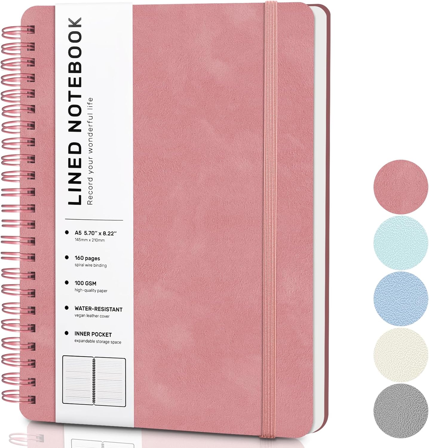 Lined Spiral Journal Notebook, A5 Hardcover Leather Notebook for Work, 5.7''×8.2'', 100GSM Thick Paper Spiral Bound Journaling Notebooks for Women & Men Office School Note Taking Business, Black
