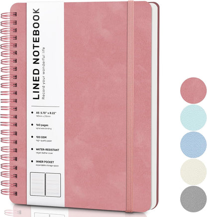 Lined Spiral Journal Notebook, A5 Hardcover Leather Notebook for Work, 5.7''×8.2'', 100GSM Thick Paper Spiral Bound Journaling Notebooks for Women & Men Office School Note Taking Business, Black