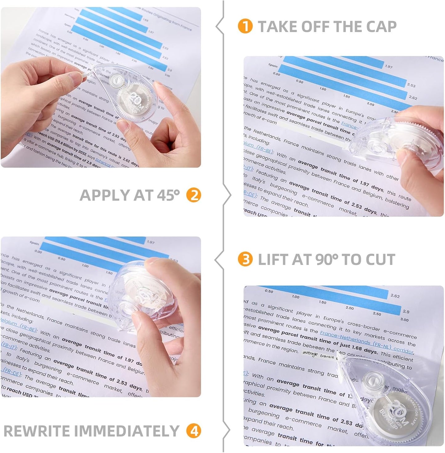White Correction Tape, 10 Pack Bulk, Extra Long 65.62 Feet x 0.197 Inch, Strong Covering Power for Instant Corrections, Clear for Writing & No Marks for Copying, for School and Office