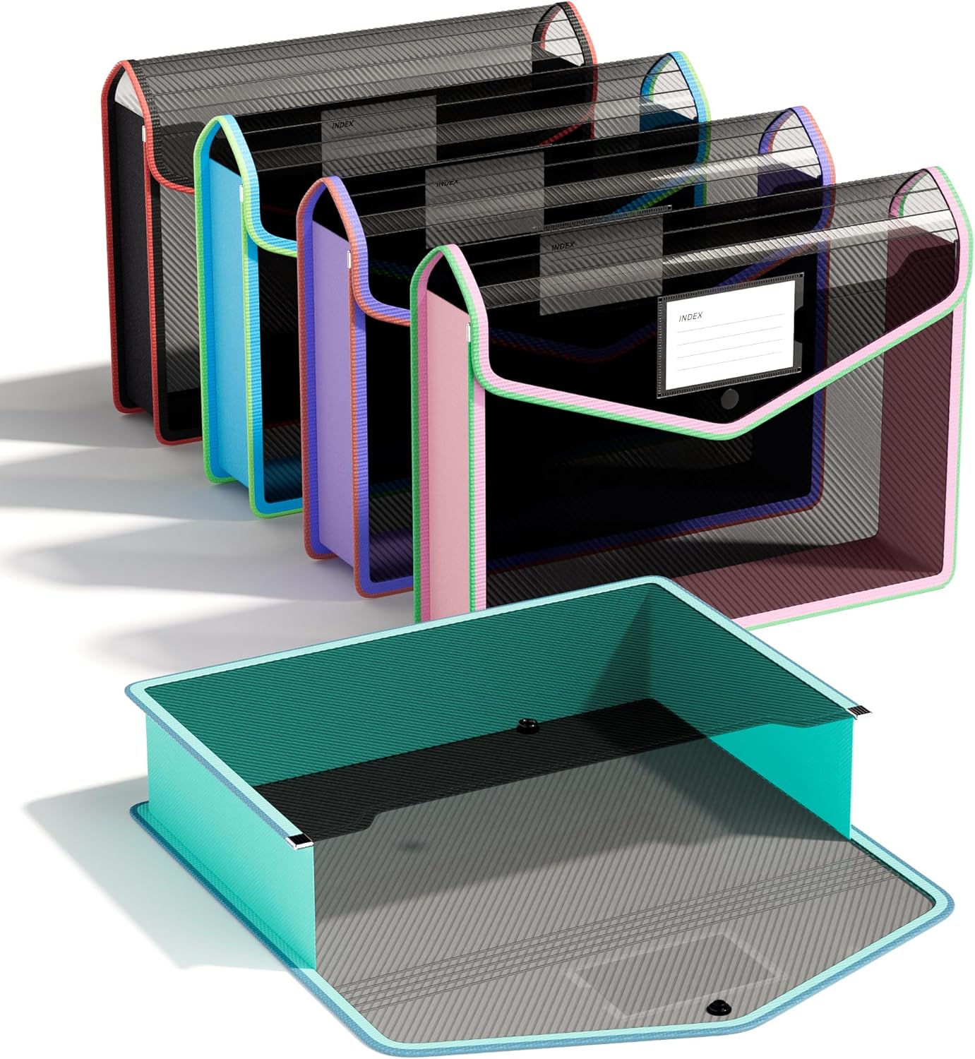 ThinkTex Plastic Expanding File Folder, Transparent Envelopes with Snap Closure, No Dividers, Large Capacity, Assorted Colors, Fits Letter / A4 Size - 5 Pack