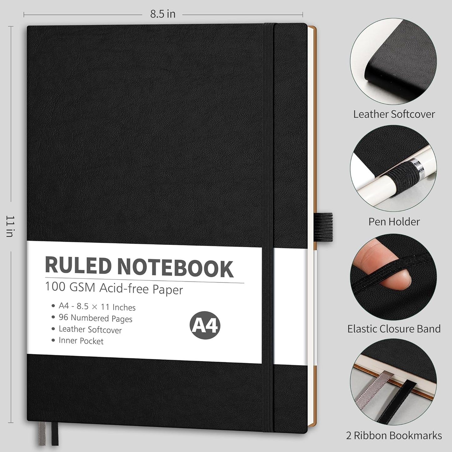 RETTACY Graph Grid Paper Notebook, 96 Pages, A4 Large Size (8.5'' x 11''), 5 Squares per Inch, Leather Softcover, 100 GSM Thick Paper, for School, Students, Math, Engineering (Navy Blue)