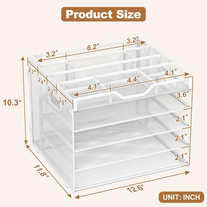 Docnest 5 Tier Letter Tray with Hanging File Organizer-Mesh Desk Organizer-Desktop Storage Box Built in Pen Holder and Handles, File Folder Holder for Mail Documents Office Supplies-Black