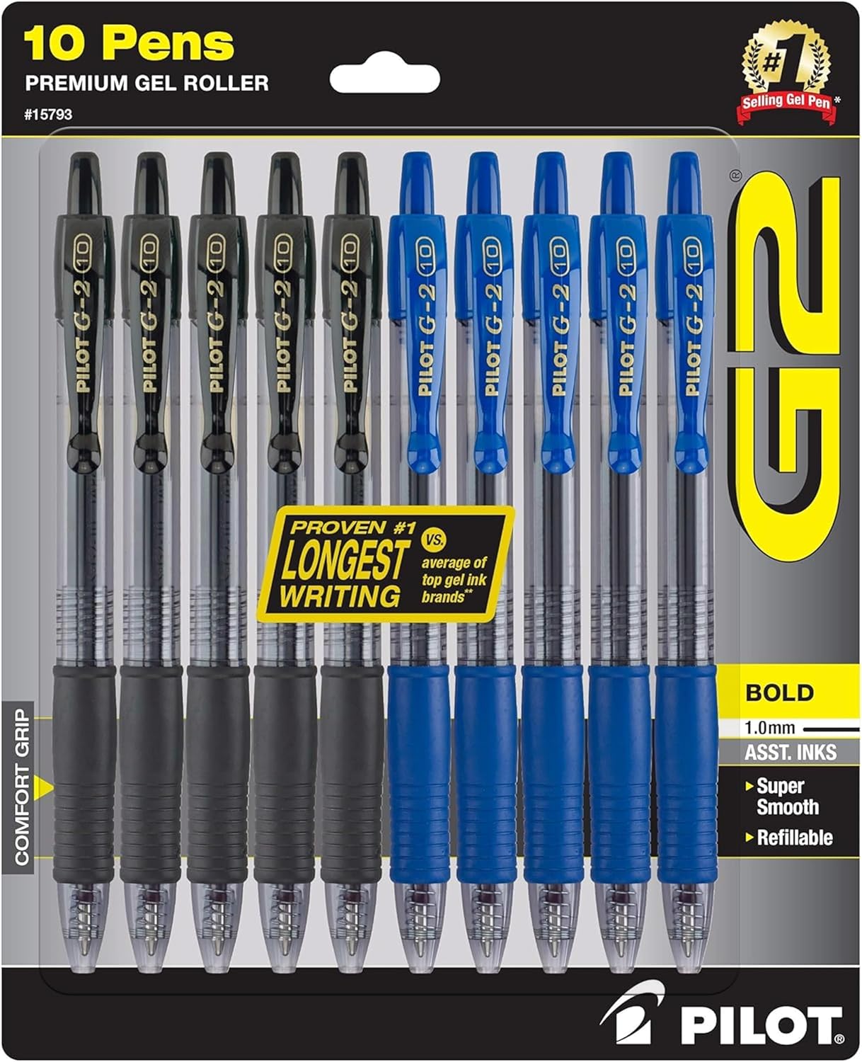 PILOT G2 Premium Gel Pens, Black Pens, Bold Point 1.0 mm, Refillable & Retractable Ballpoint Pens, 5 Black & 5 Blue, Pack of 10
