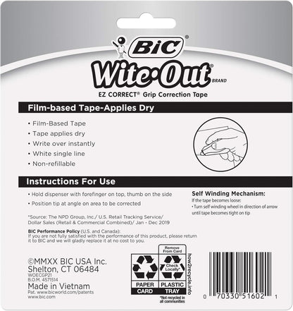 BIC Wite-Out Brand EZ Correct Grip Correction Tape, 33.5 Feet, Fast, Clean and Easy to Use Tear-Resistant Tape, 2-Count