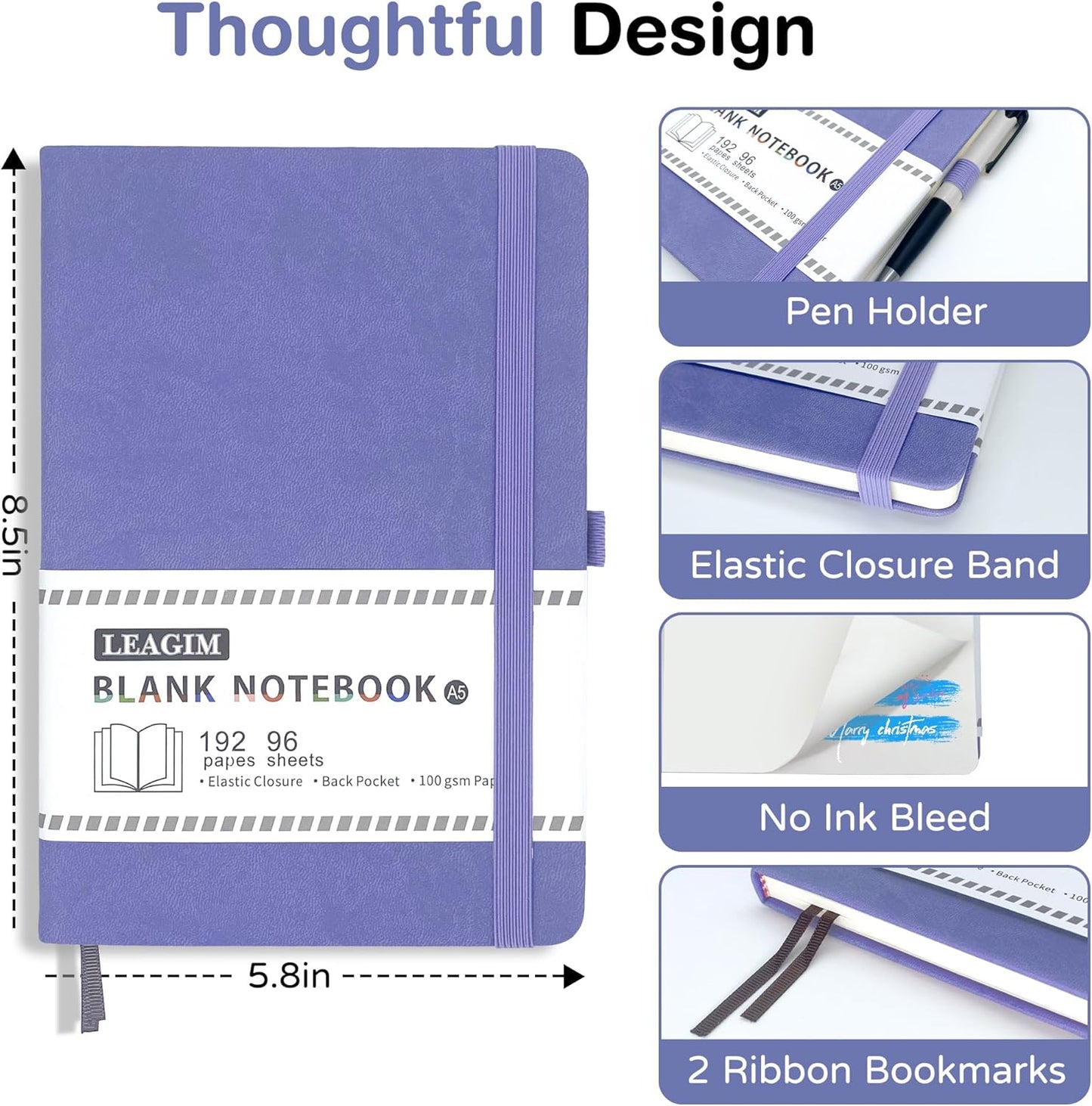 Blank Journal Notebook, A5, 192 Pages 100 GSM Thick Sketch Book for Women Men, Hardcover Leather Unlined Journaling for Work, Notebooks for Writing, 5.8 inches x 8.5 inches (Black)
