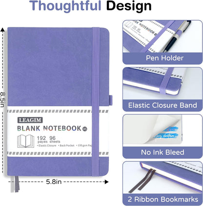 Blank Journal Notebook, A5, 192 Pages 100 GSM Thick Sketch Book for Women Men, Hardcover Leather Unlined Journaling for Work, Notebooks for Writing, 5.8 inches x 8.5 inches (Black)
