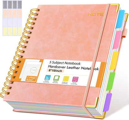 Hardcover Large Spiral Notebook 8.5" x 11" with Removable Dividers Tabs, 300 pages Leather 5 Subject Notebook College Ruled, A4 Journal for Women Men, Notebooks for Work School Note taking,Black