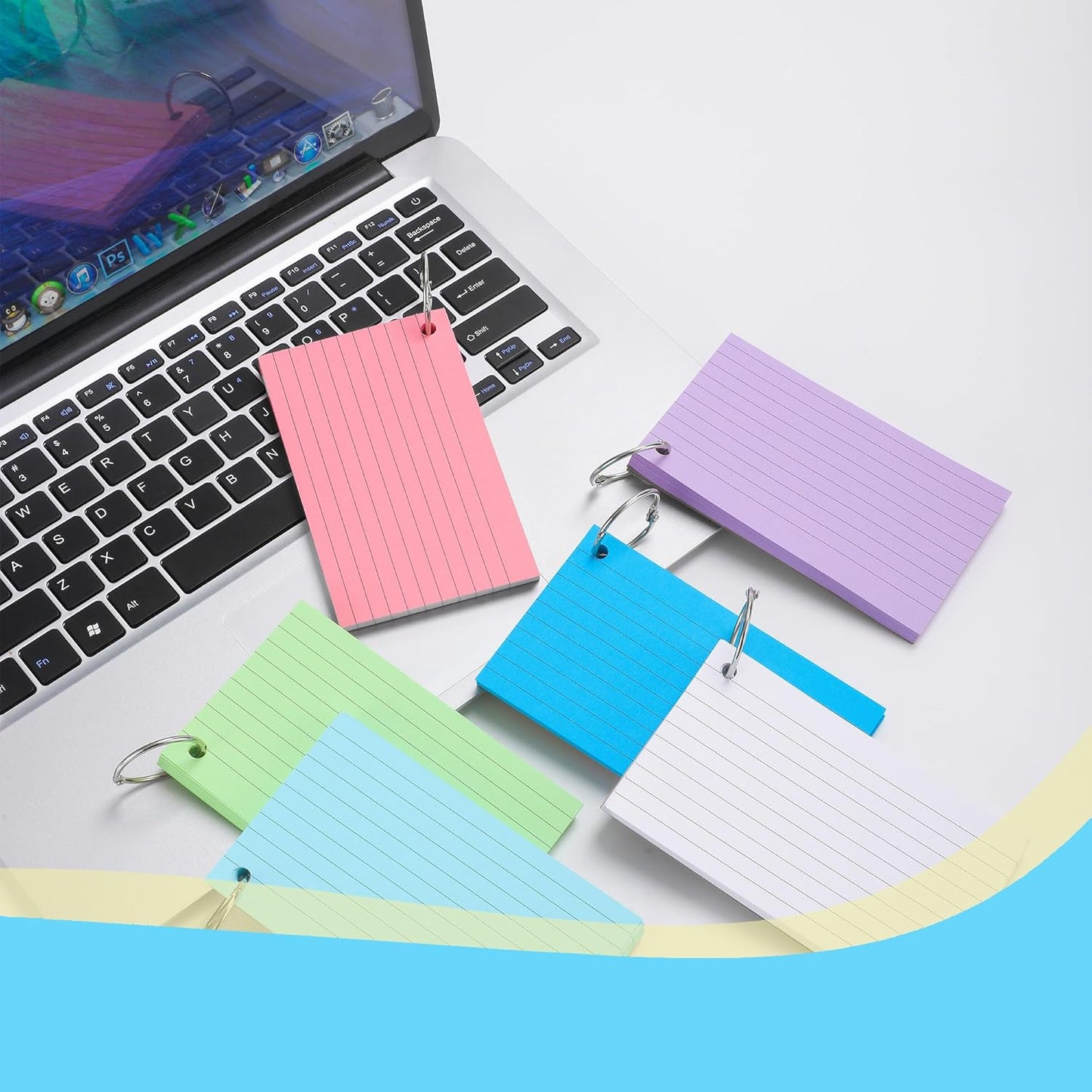 300 Sheets Ruled Index Cards with Metal Ring Binder, Multicolor, 6 Pack