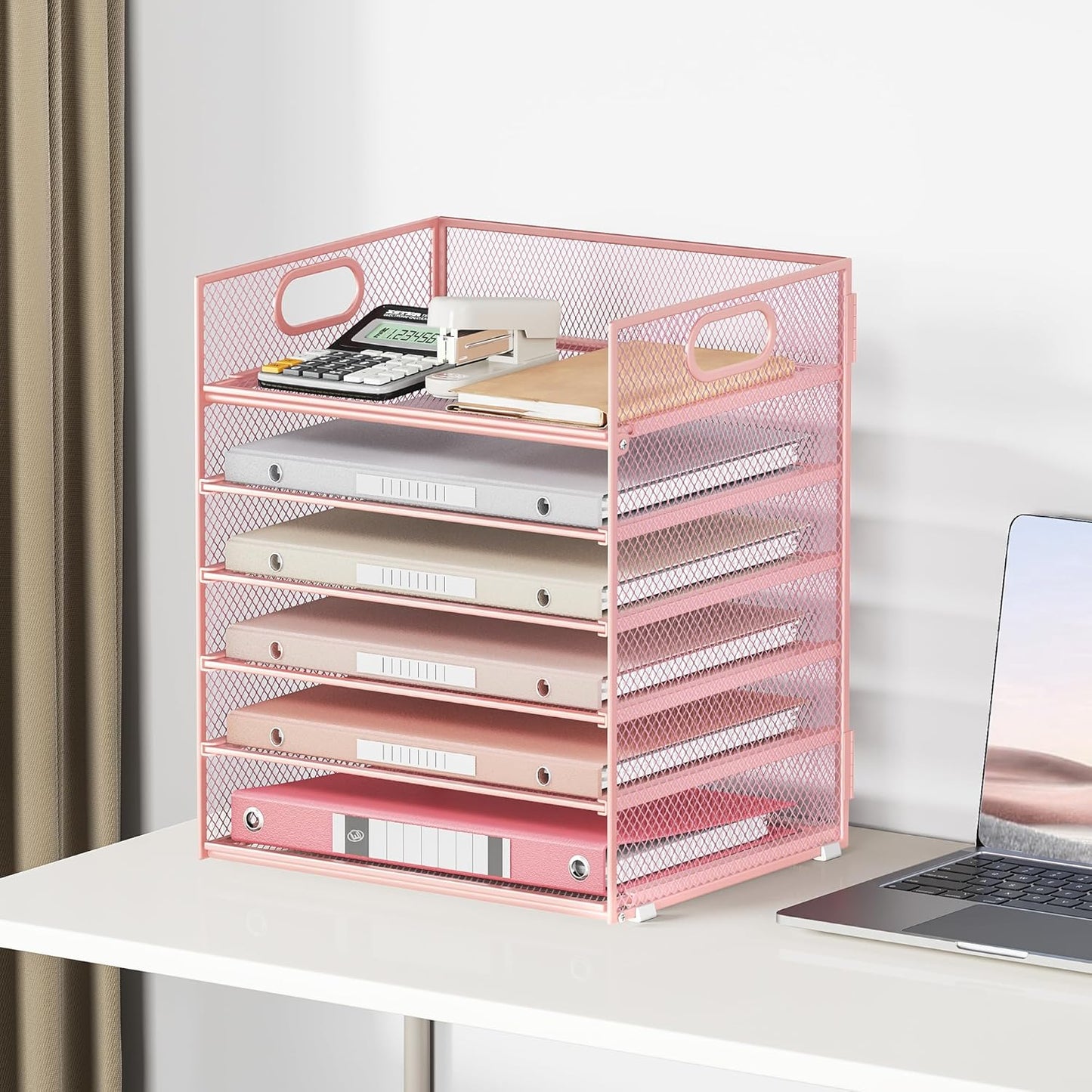 Lavatino 5 Tray Desk File Organizer, Black Mesh Paper Sorter Letter Tray Organizer with Handle, Desktop File Organizer and Storage for Letter/A4 Office File Folder
