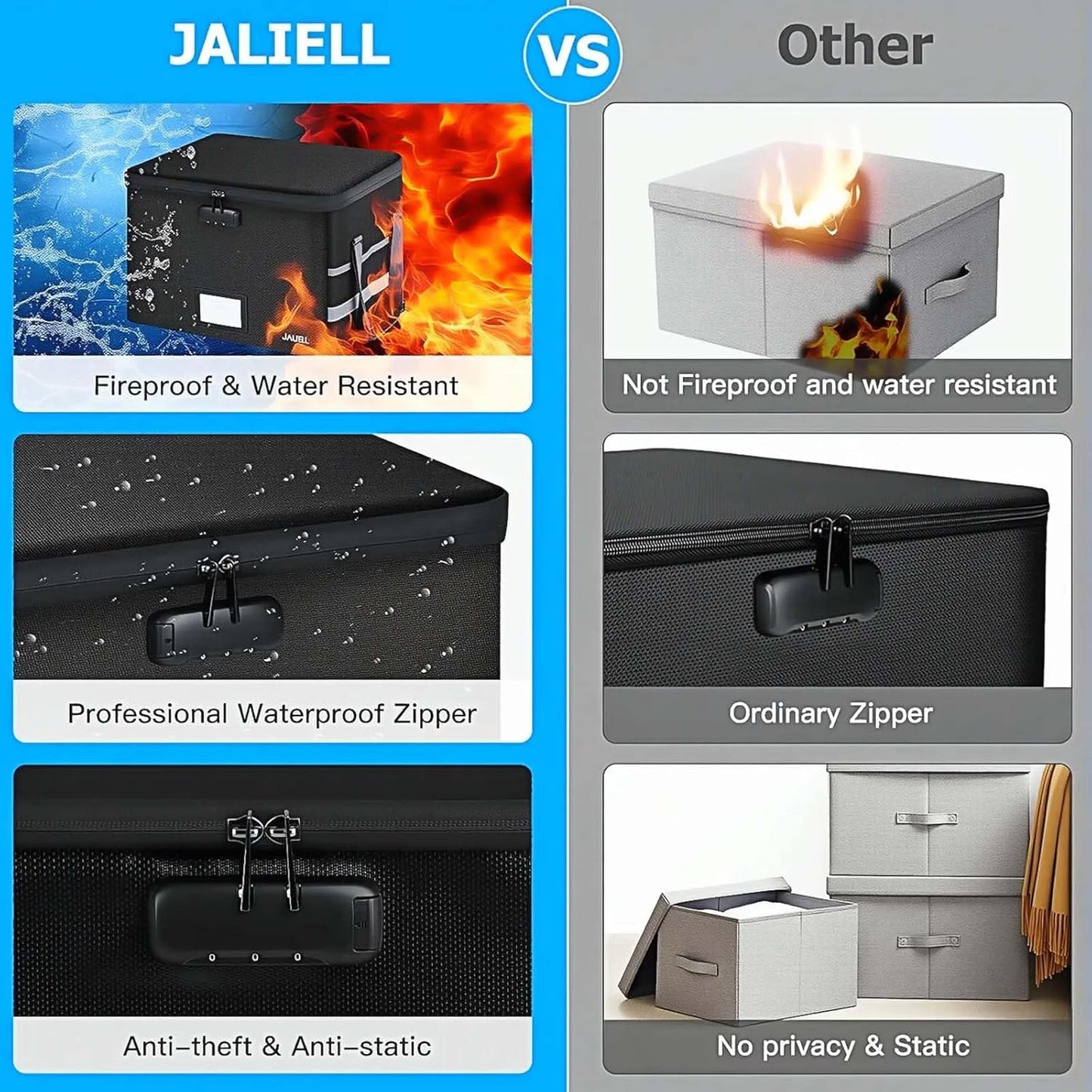 File Box with Lock, Fireproof Document File Organizer Box with Zipper & Adjustable Handle, Collapsible File Storage Box Home Office Safe Filing Cabinet for Hanging Letter/Legal Folder