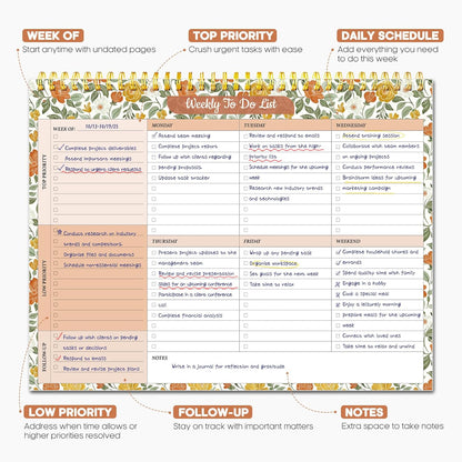 Taja Weekly To Do List Notepad with 52 Undated Sheets（8.5"×11"）- Weekly Desk Planner for Women & Man, Work and Home -1 Pack Violet Dream