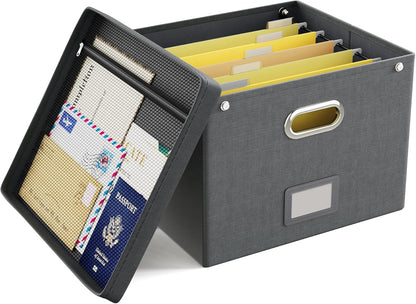 Oterri File Organizer Box with Lid, Hanging Filing File Box with Mesh Pocket, Document Organizer Box for Letter Files, Portable Storage Box with Smooth Sliding Rail for Office&Home (1 PCS, Beige)