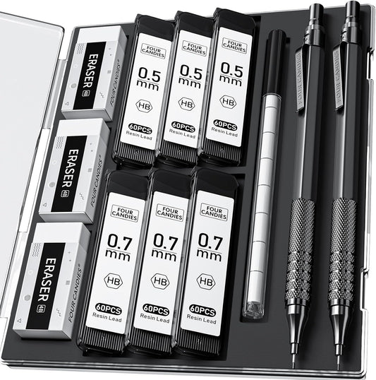 Four Candies 4PCS Metal Mechanical Pencils Set with Case, 0.5mm & 0.7 mm Artist Pencil with 8 Tubes (480PCS) HB Lead Refills, 3 Erasers,9 Eraser Refills For Writing Drafting, Drawing, Black&Silver
