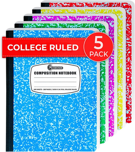 Rosmonde 12 Pack Bulk Composition Notebooks College Ruled, 200 Pages (100 Sheets), 9-3/4 x 7-1/2, Hard Cover College Ruled Notebooks, Assorted Colors Composition Notebook For School, Colors May Repeat