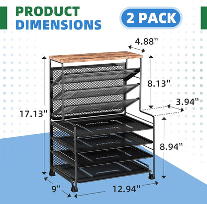 Simple Trending 7 Tier Desk File Organizer, Letter Tray Paper Organizer with Pen Holder and Metal Hanging Basket, Black
