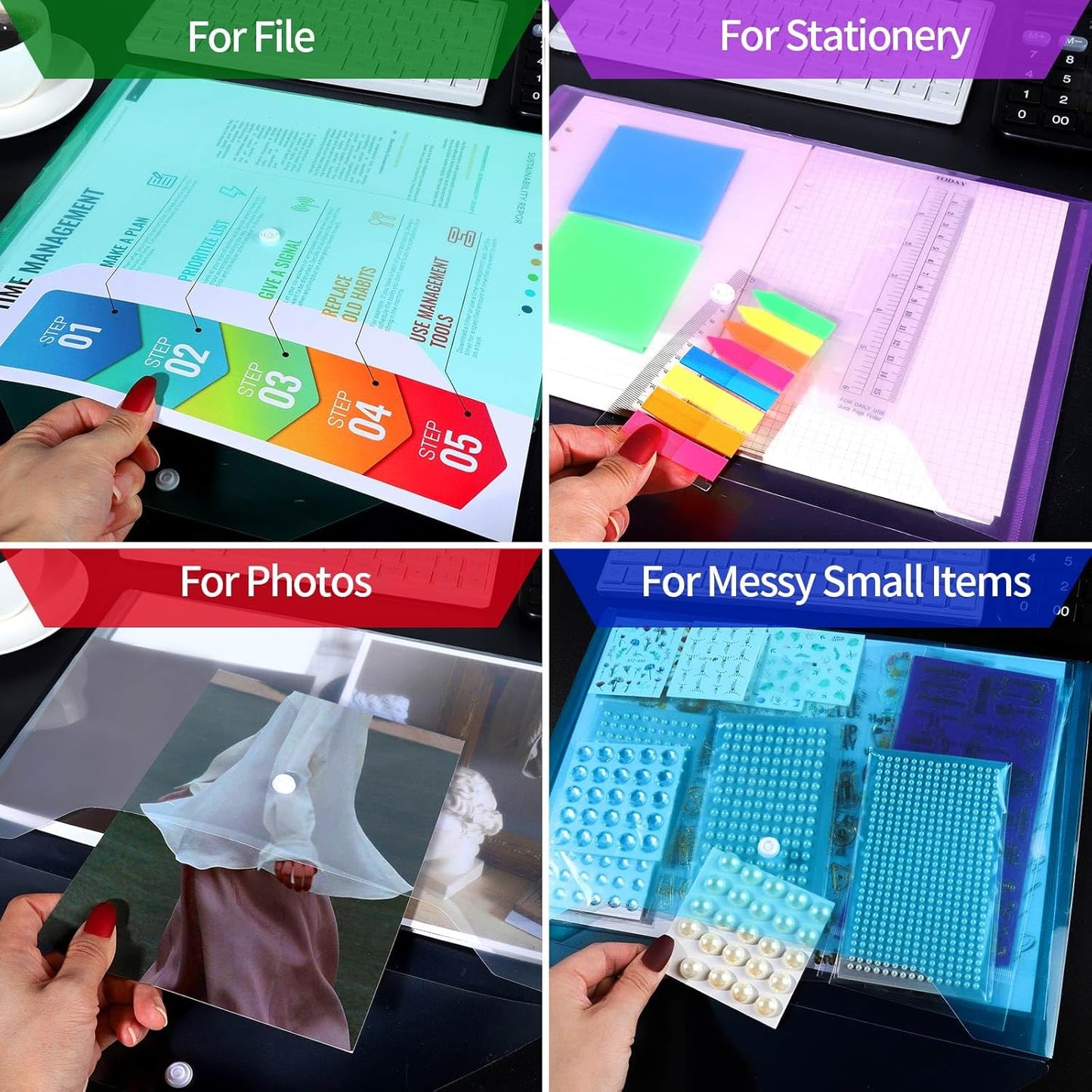 LEOBRO File Folders, 24 PCS Plastic Folders for Documents, A4 Plastic Envelopes with Snap Closure, Letter Size Clear Envelopes Folders, Reusable File Bags, Document Holder