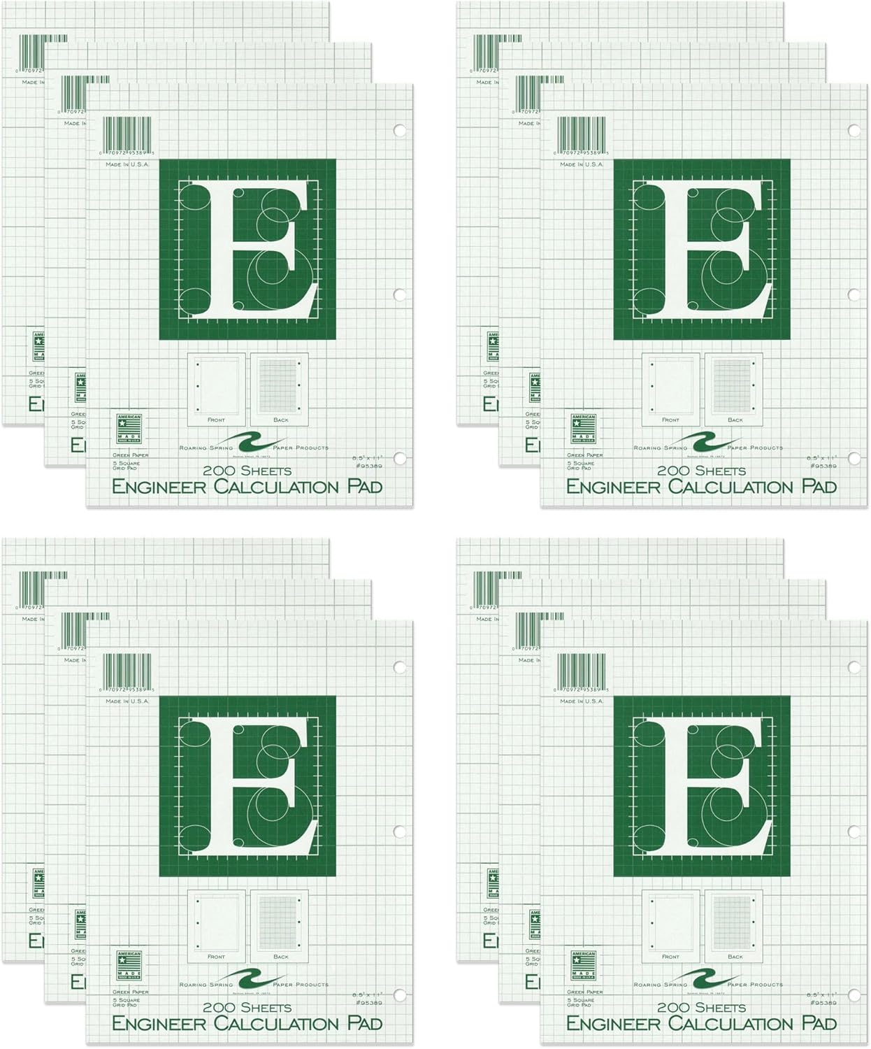 ROARING SPRING Graph Ruled Engineering Pad, Engineering Graph Paper Pad, 5x5 Enclosed Grid, 8.5" x 11", 200 Sheets, 3 Hole Punched, Green Tinted Sheets, Made in USA