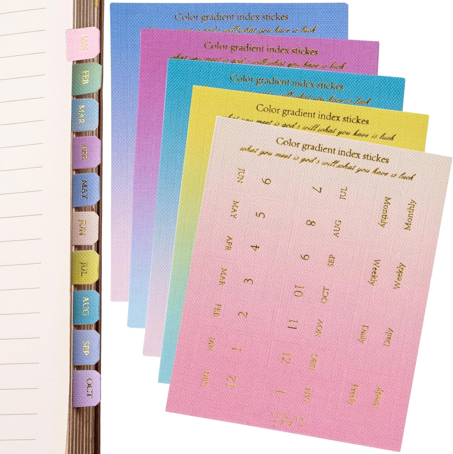 OIIKI 180pcs Planner Monthly Tabs, Self-Adhesive Index Tabs Stickers, Gradient Sticky Page Markers Labels for Document Notebooks Books Project Binders Office- 5 Colors(D Style)