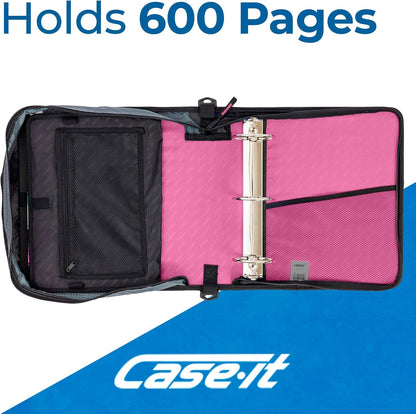Case-it Mighty Zip Tab School Zipper Binder | 3-Inch O-Rings, 600-Sheet Capacity, 5-Subject Expanding File Folder, Multiple Pockets & Storage Organizer, Shoulder Strap | D-146 Jet Black