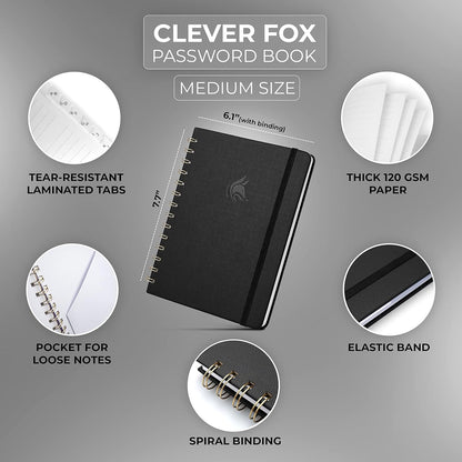 Clever Fox Password Book Spiral – Internet Address & Password Organizer with Laminated Alphabetical Tabs – Password Keeper Journal – Hardcover, Medium Size, 6.1x7.7” (Mystic Blue)