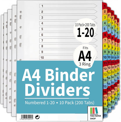 Binder Dividers with Tabs 1-20 Numbered – A4 (3 Pack) | Dividers for 3 Ring Binder | Numbered Tab Dividers for Office, School & Home Organization - The Paper Shop