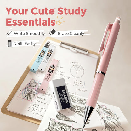 Nicpro 3PCS Cute Mechanical Pencil Set with Case, 0.7 mm Pencils with 6 Tube HB Lead Refill, 3PCS Eraser, 9PCS Eraser Refill for School Supplies Student Writing, Drafting Drawing Sketching