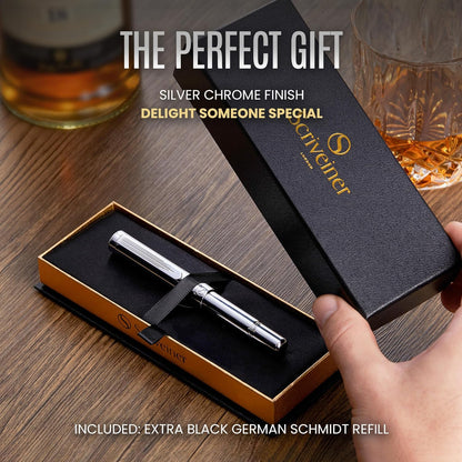 Scriveiner Black Rollerball EDC Luxury Pen, Stunning Pocket Pen with Chrome Finish, Cool Writing, Best Gift for Men & Women, German Schmidt Refill, Nice Present, Fancy Office Designer Set