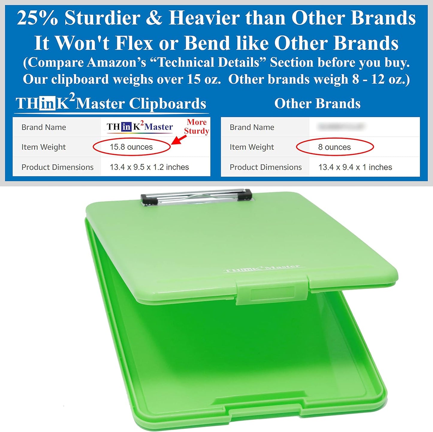 Think2Master Black Plastic Storage Clipboard. | 25% Heavier & 25% Sturdier| Heavy Duty and Won’t Flex or Bend Like Other Brands (Compare The Weight). Storage Compartment Holds 150 Letter Sized Paper.