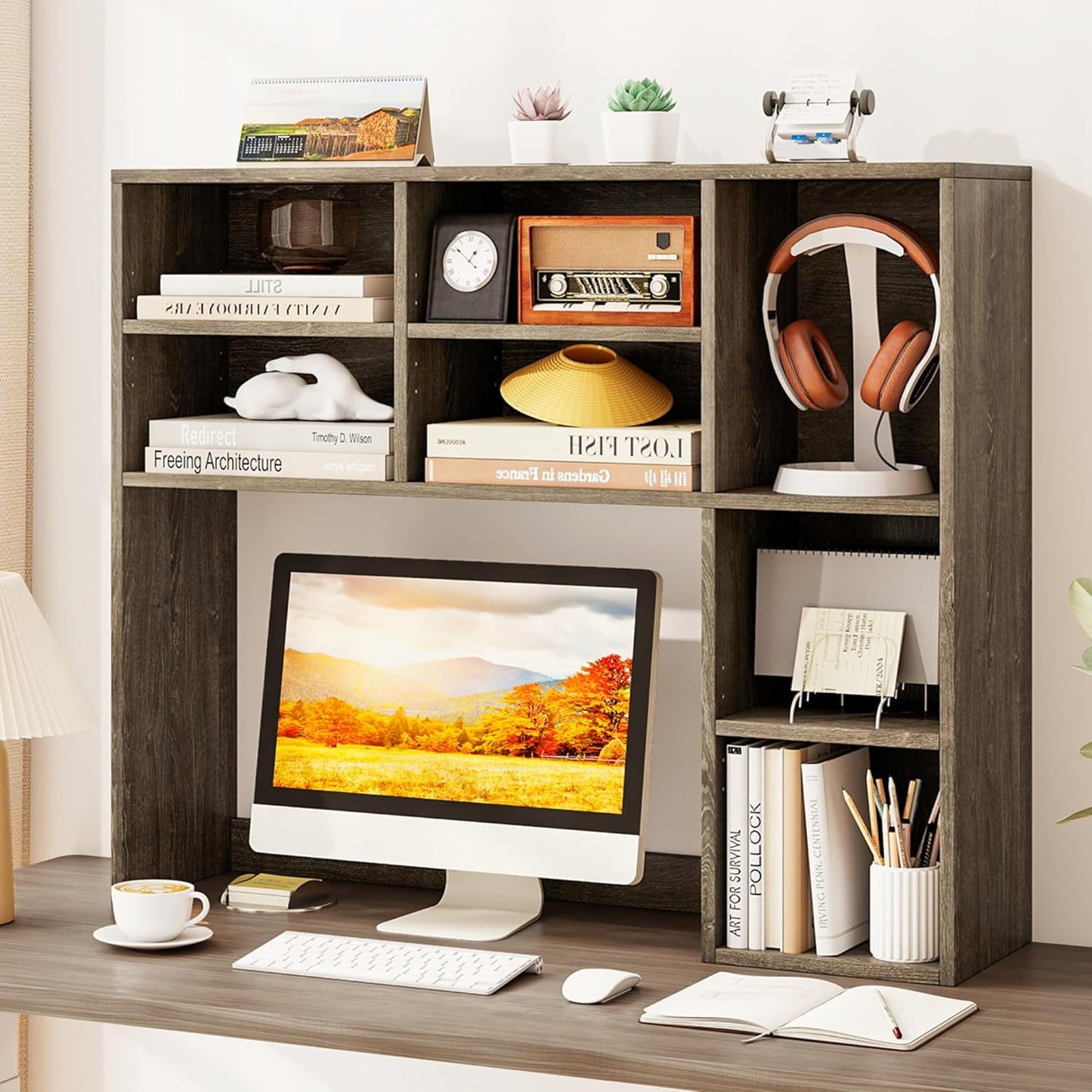 Tangkula Desktop Bookshelf, Countertop Storage Hutch with 5 Shelves for Computer Desk, Desk 3-Tier Display Rack, Multipurpose Wood Desktop Hutch Storage Organizer for Dorm Office Home