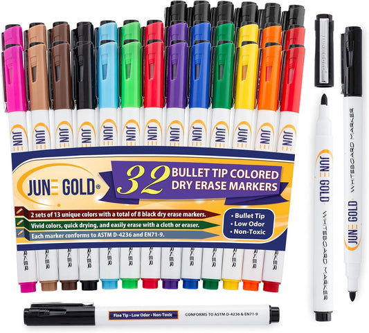June Gold 39 Assorted Colored Dry Erase Whiteboard Markers, 13 Unique Colors, Chisel Tip, Low Odor, Comfortable Grip & Vivid Lines