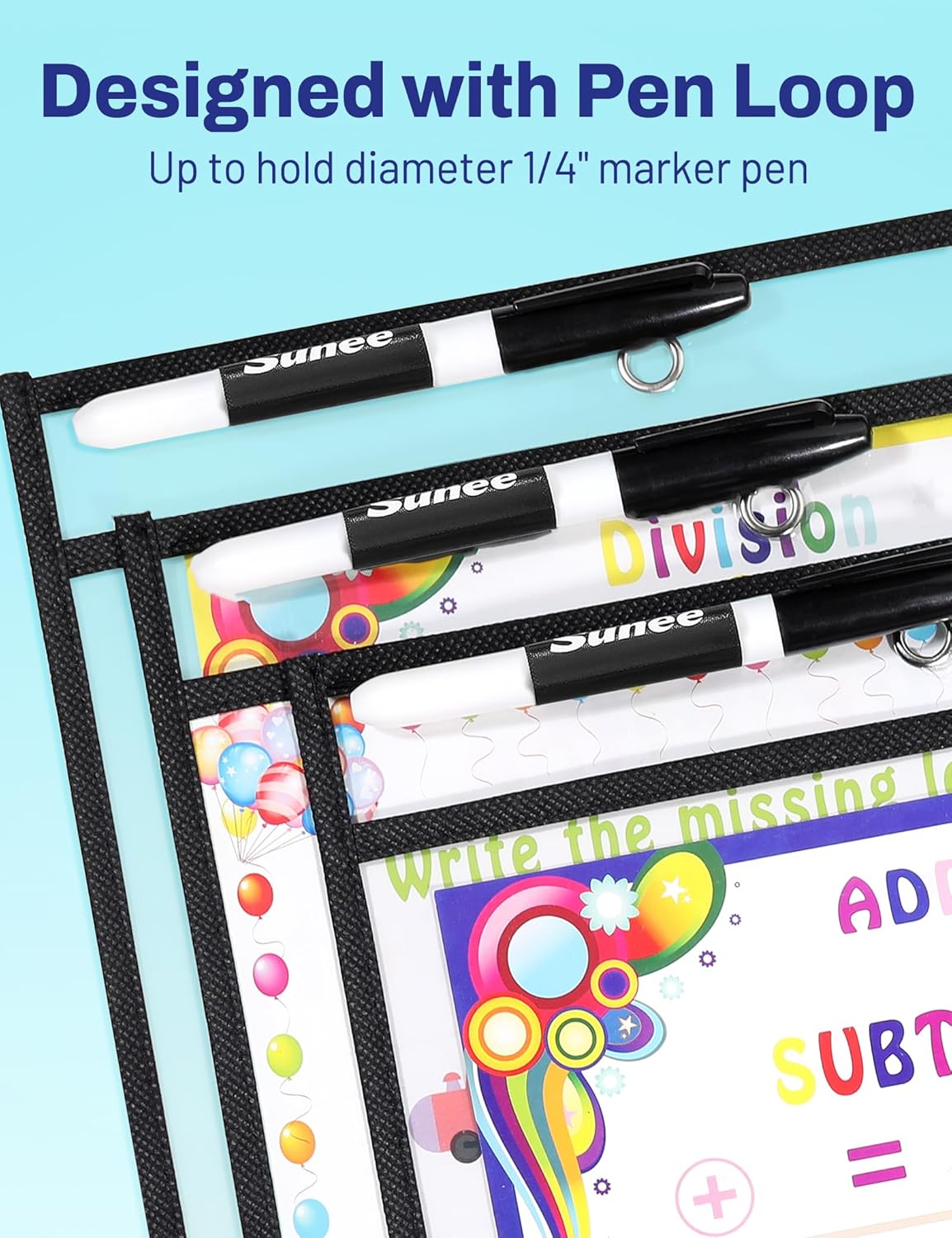 SUNEE 30 Packs Oversized Reusable Dry Erase Pocket Sleeves with 2 Rings, Black 10x14 Ticket Holders, Clear Plastic Sheet Protectors, Teacher School Classroom Supplies