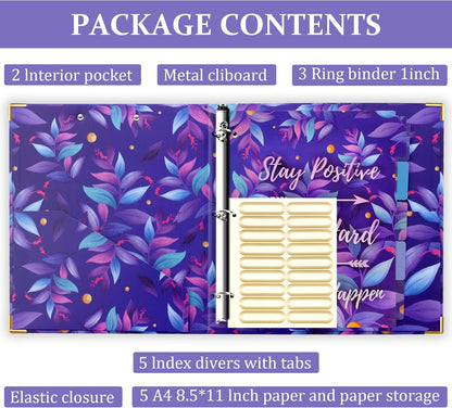 3 Ring Binder with Clipboard, 2 Pockets Purple 3 Ring Binder (11" x 8.6") Folders with Tab Dividers for Women School Office Supplies Portfolio