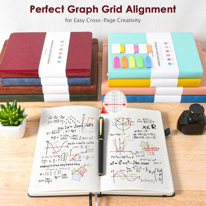 Graph Paper Notebook, 312 Numbered Pages B5 Hardcover Leather Journal, 100gsm No Bleed Grid Paper Notebook with Index Pages, Grid Notebook for Graphing Notes Math, 7.6'' X 10'', Black