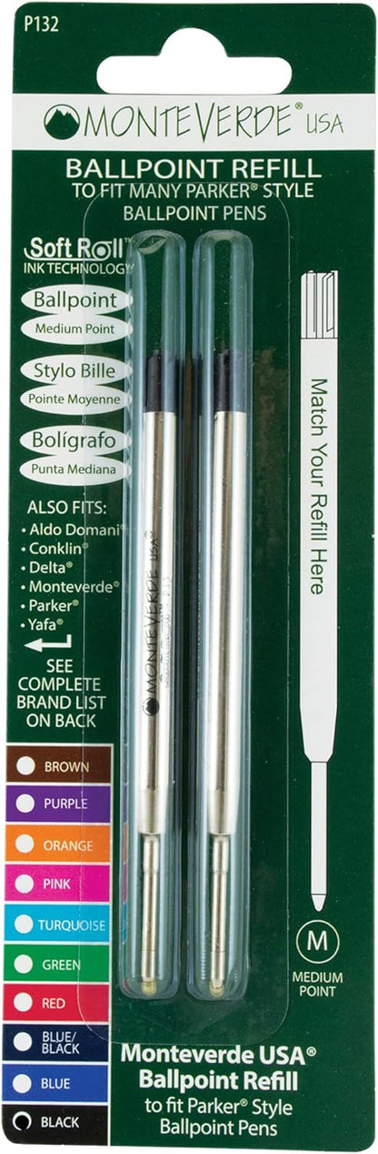 Monteverde Soft Roll Ballpoint Pen Refills to Fit Parker-Style Pens, Medium Point, Brown, 2-Pack, Smooth Writing Technology for Parker, Conklin, Schmidt, and More