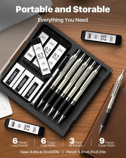 6PCS Metal Mechanical Pencil Set with 0.7mm Medium Point, 360 Leads, 12 Erasers, Art Mechanical Pencils Pack with Storage Case for School Writing, Sketching, Drawing & Professional Drafting