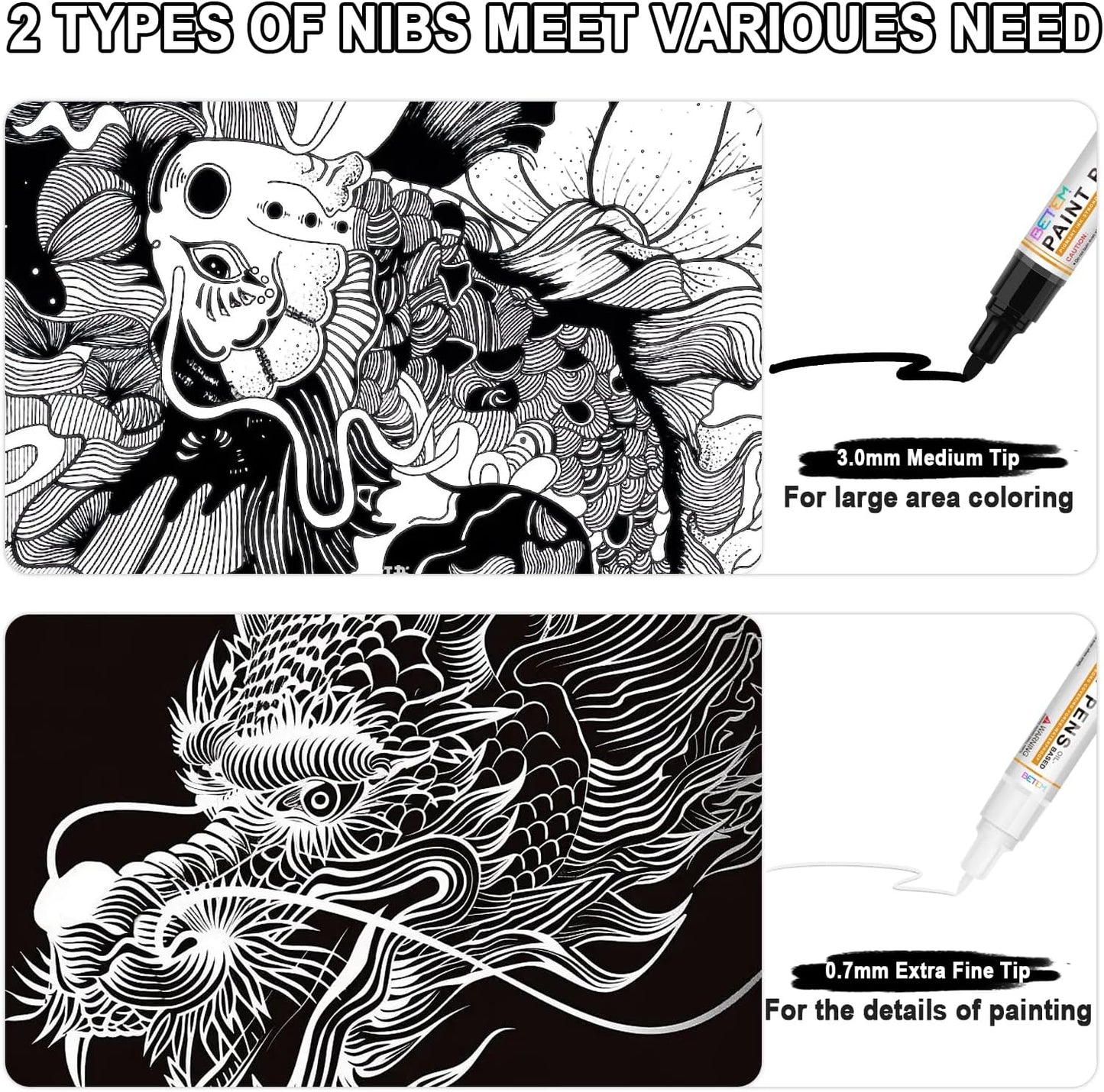 Betem 4 Count Dual Tip Oil Based Black White Paint Pen(0.7mm & 3mm), White Permanent Marker Black Paint Markers, Waterproof, Quick Dry, for Fabric, Rock Painting, Wood, Plastic, Ceramic, Metal, Canvas